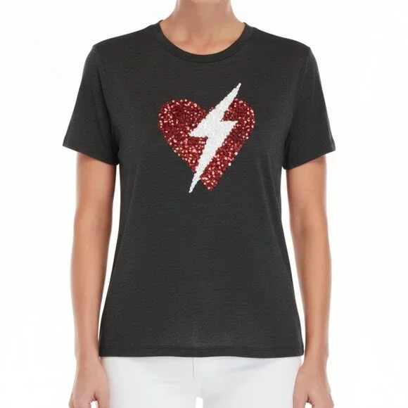 Romeo & Juliet Black Short Sleeve T-Shirt Top Sequin Heart Lightning Bolt Size S - Picture 9 of 9